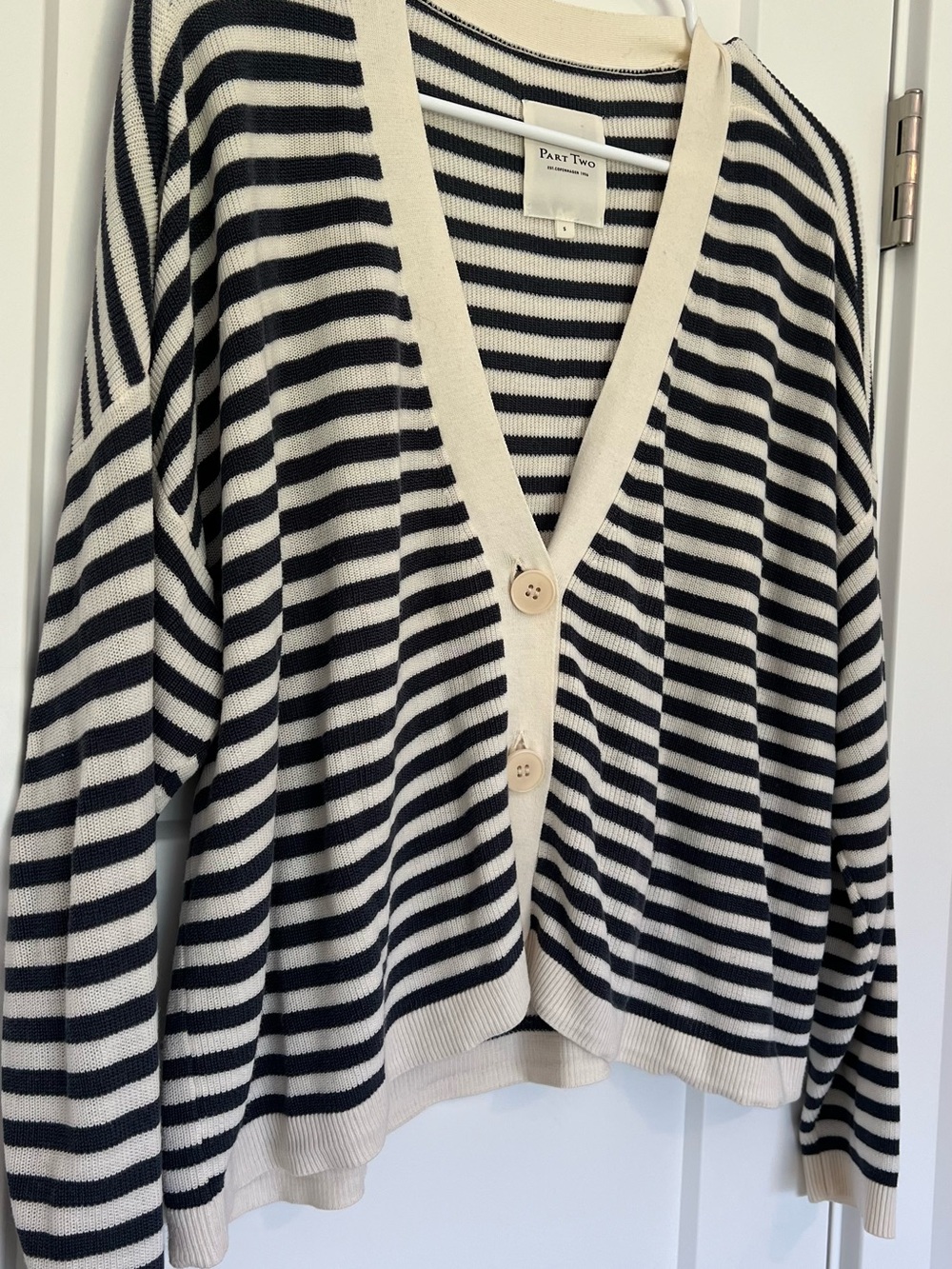 Navy and Cream Striped V-Neck Button Cardigan Sweater